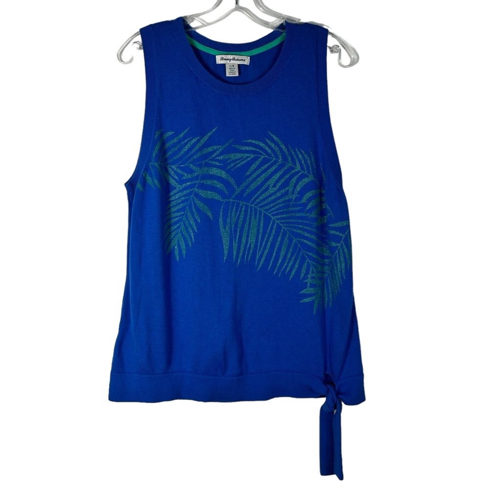 Tommy Bahama Blue Palm Leaf Tropical Sleeveless Knit Tie Bottom Top Travel Beach